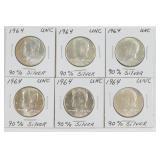 (6) 1964 Silver Kennedy Half Dollars