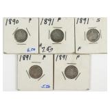 (5) Seated Liberty Dimes. 1890 & 91