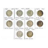 (10) 40% Silver Kennedy Half Dollars. 1965-1969