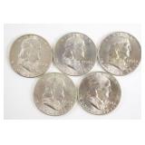 Lot of (5) Franklin Half Dollars