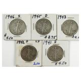(5) Walking Liberty Liberty Half Dollar