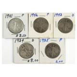 (5) Walking Liberty Liberty Half Dollar