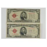 (2) Series 1928 F Five Dollar Red Seal