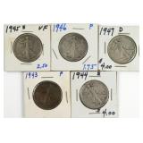 (5) Walking Liberty Liberty Half Dollar