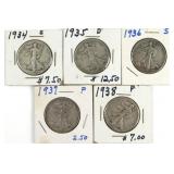 (5) Walking Liberty Liberty Half Dollar