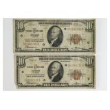 (2) Series 1929 $10 Nationala Currency Brown Seal
