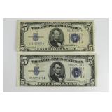 (2) Series 1934 D Five Dollar Silver Certificates
