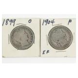 (2) Barber Half Dollars. 1899-O & 1904