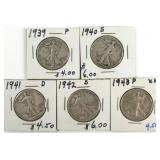 (5) Walking Liberty Liberty Half Dollar