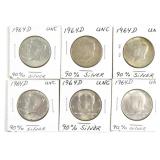 (6) 1964 Silver Kennedy Half Dollars