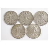 Lot of (5) Walking Liberty Half Dollars