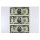 (3) Five Dollar Fed Reserve Notes