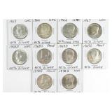 (10) 40% Silver Kennedy Half Dollars. 1965-1976-S