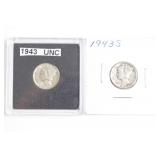 (2) 1943 Mercury Dimes. 43 & 43-S