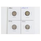 (4) Barber Dimes 1901, 01-O, & 1902