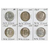 (6) 1964 Silver Kennedy Half Dollars