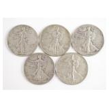 Lot of (5) Walking Liberty Half Dollars