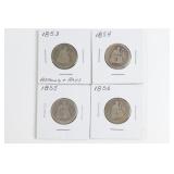 (4) Seated Liberty Quarters. 1853, 54, 55, & 56