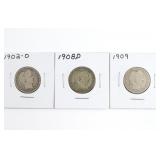 (3) Barber Quarters. 1902-D, 1908-D, & 1909