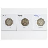 (3) Barber Quarters. 1915, 1915, & 1916-D