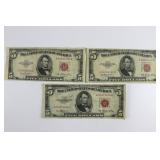 (3) Series 1953 Five Dollar Red Seal