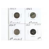 (4) Three Cent Pieces. 1865, 67, & 68
