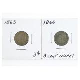 (2) Three Cent Pieces. 1865 & 1866