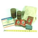 6 Vtg Tins, 1 cigar box, 1 Seedburo Cloth Bag