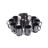 Black Glaze Pitcher & 8 Frankoma Mugs