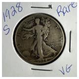 Rare 1928 S US Walking Liberty half Dollar