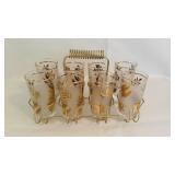 Mid Cen Modern Set of 8 Gold Leaf Glasses in