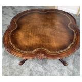Antique Pie Shaped Mahogany Leather Inlay Coffee