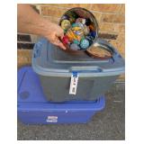 STORAGE TOTES AND CAN FULL OF VINTAGE CHRISTMAS LI