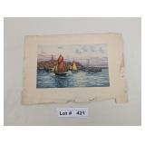 SEA SIDE VILLAGE AND SAIL BOATS NAUTICAL LITHOGRAP
