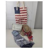 LADIES SUMMER HAT, SCARF, PURSE, AND BAG