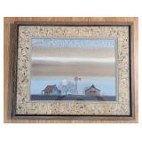 RUSTIC FRAMED COUNTRY FARM HOUSE AND BARN LITHOGRA