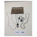 NATIVE AMERICAN PURSE, BEADED NECKLACES, CHARM BRA