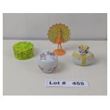 PEACOCK EARING HOLDER AND 3 SMALL TRINKET/JEWELRY