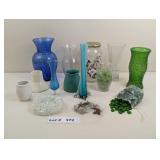 ASSORTED VASES AND GLASS BEADS AND SEA GLASS