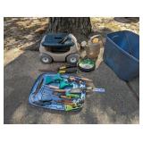 GARDENING HAND TOOLS WITH ROLLING BENCH AND TOTEL