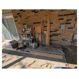 PAINT, PAINTING EQUIPMENT, SHELVES, SAW HORSE, AND