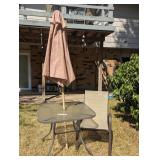 PATIO TABLE, CHAIR, AND UMBRELLA