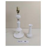 VINTAGE MILK GLASS LAMP AND VASE