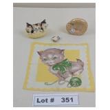 VINTAGE HANDKERCHIEF, PORCELAIN CATS IN A BASKET A