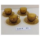 4 TIARA AMBER VINTAGE GLASS CUP AND SAUCERS