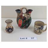 INDIAN WEDDING PITCHER, STONEWARE VASE AND CUP
