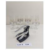 GOLD TRIMED AND ETCHED STEMWARE WITH WINE BOTTLE O