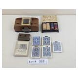 POKER CHIPS, VINTAGE CARD DEALER AND PLAYING CARDS