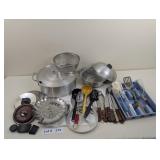 POTS AND ASSORTED UTENSILS AND COOKING TOOLS