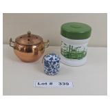 COPPER AND PORCELAIN POTPORRI HOLDERS AND ETCHED M